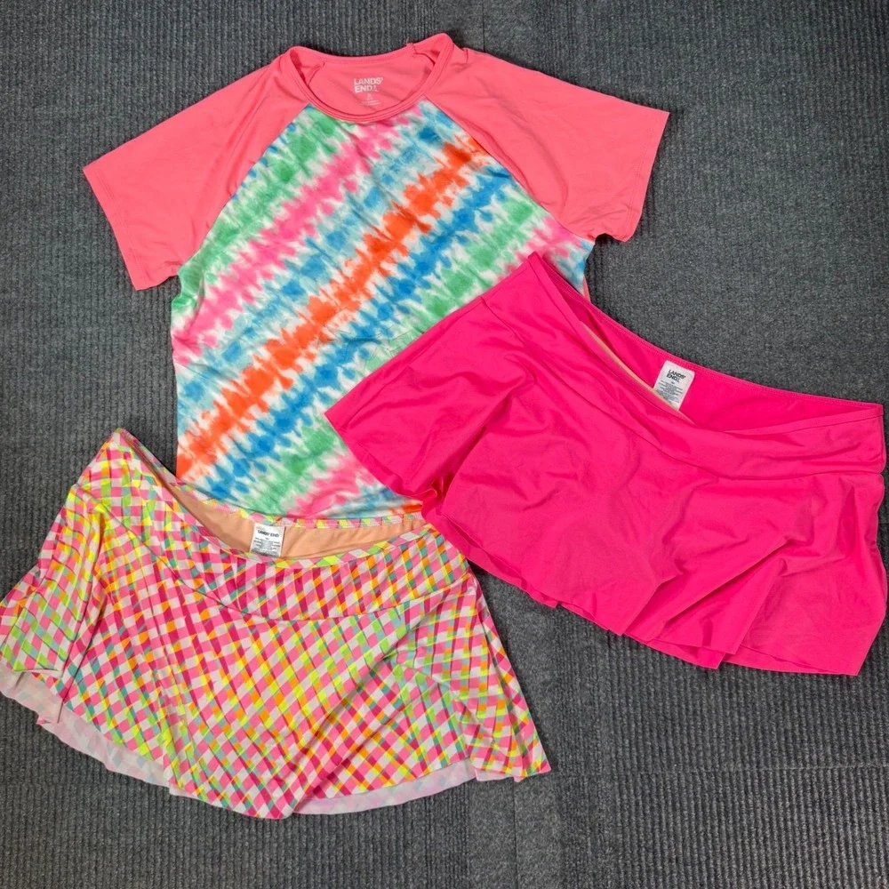 Lands End Girls 3 Piece Swimwear Set Rash Guard and 2 Swim Skirts XL 16 Plus